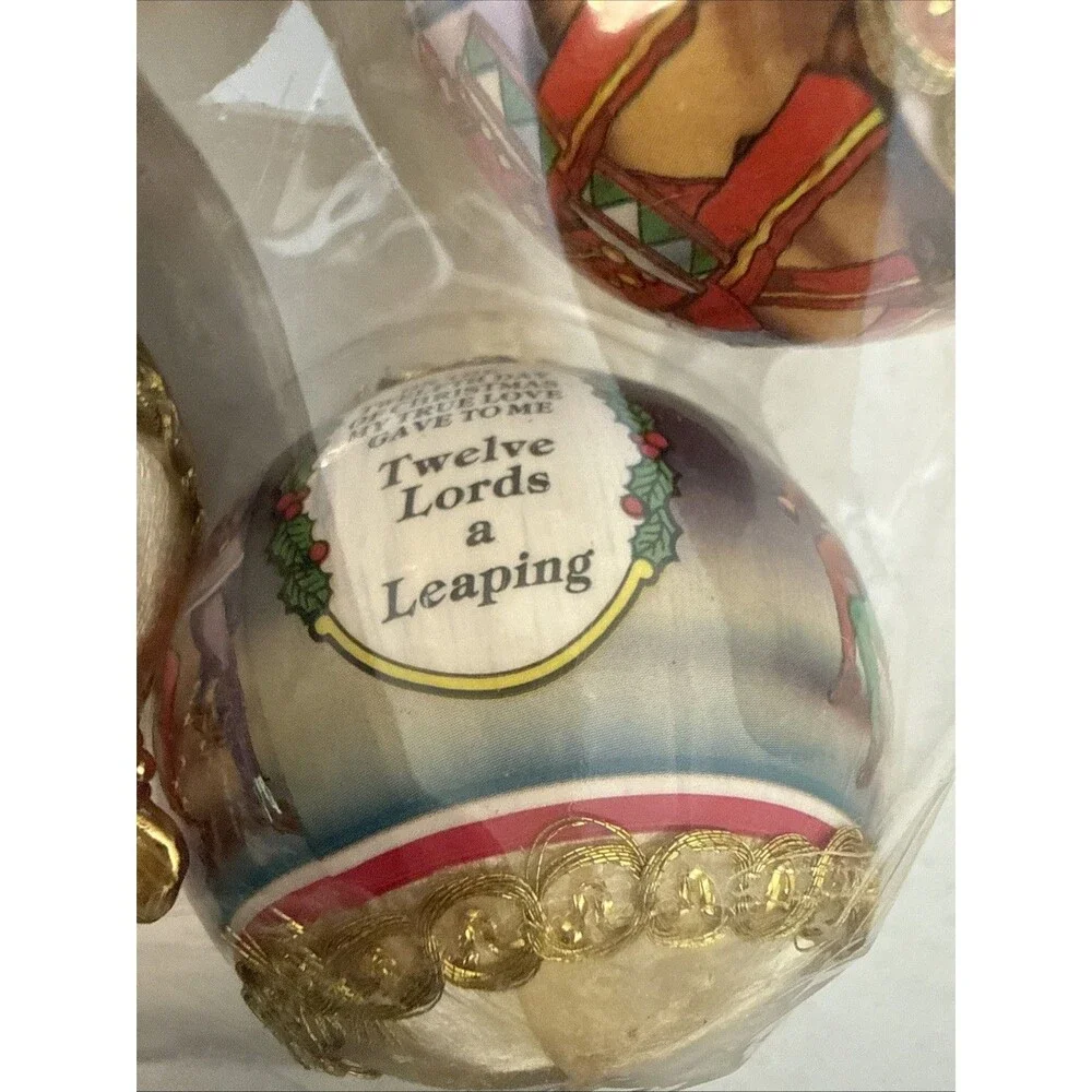 Twelve (12) Vintage Gold Satin Wrapped 12 Days Of Christmas Ornaments New In Box